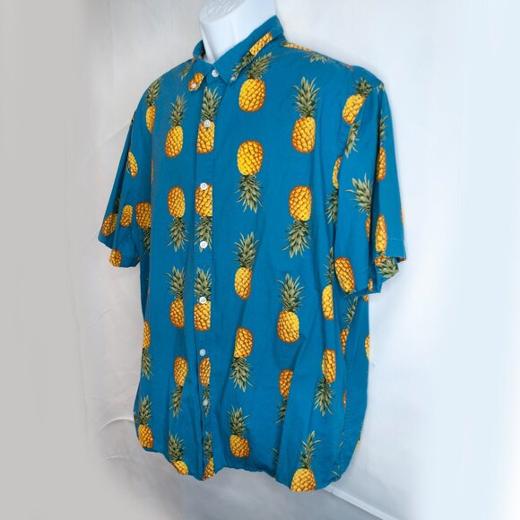 Old Navy Pineapple Print Button Down Shirt Mens XXL 2XL Blue Short Sleeve II04X - Picture 2 of 5